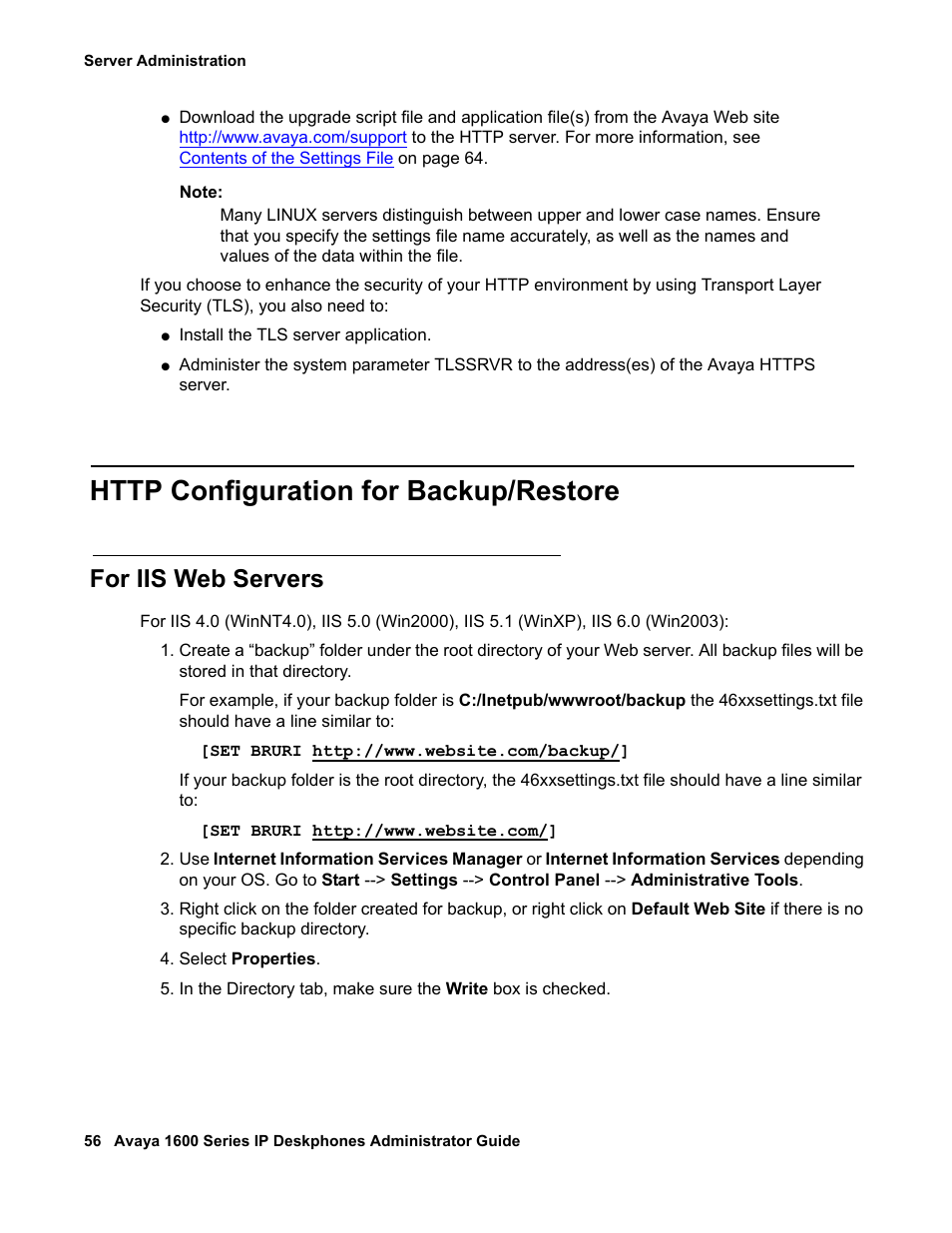 Http configuration for backup/restore, For iis web servers | Avaya 1600 Series User Manual | Page 56 / 142