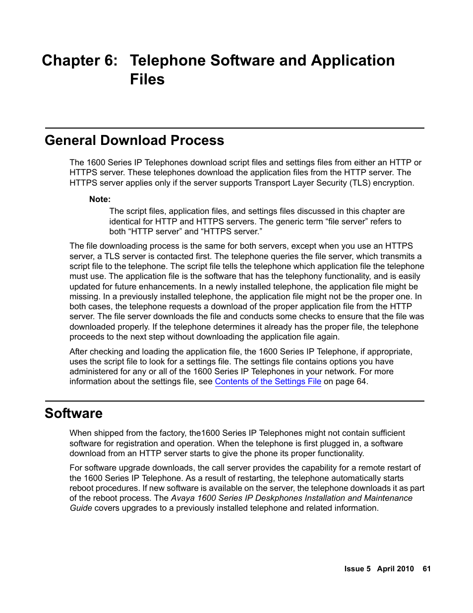 General download process, Software, Chapter 6: telephone | Software and application files, Chapter 6: telephone software and application, Files, Chapter, Telephone software and application files, Chapter 6: telephone software, And application files | Avaya 1600 Series User Manual | Page 61 / 142