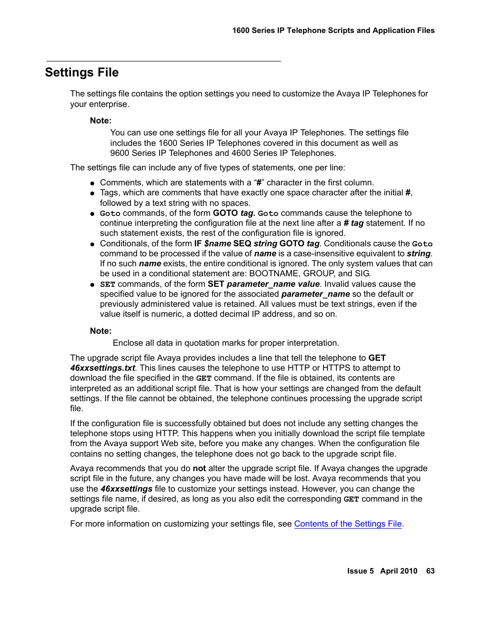 Settings file | Avaya 1600 Series User Manual | Page 63 / 142