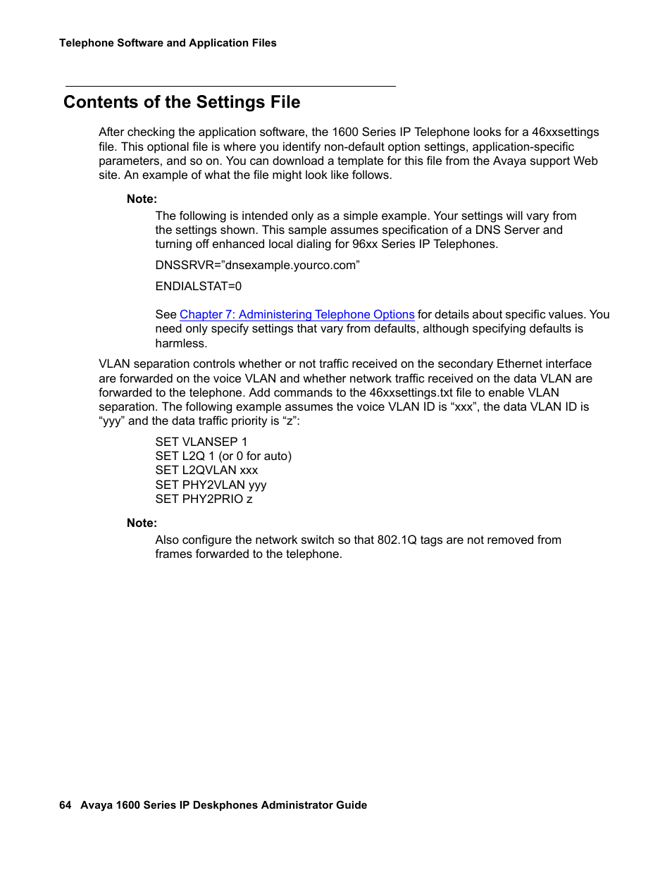 Contents of the settings file | Avaya 1600 Series User Manual | Page 64 / 142