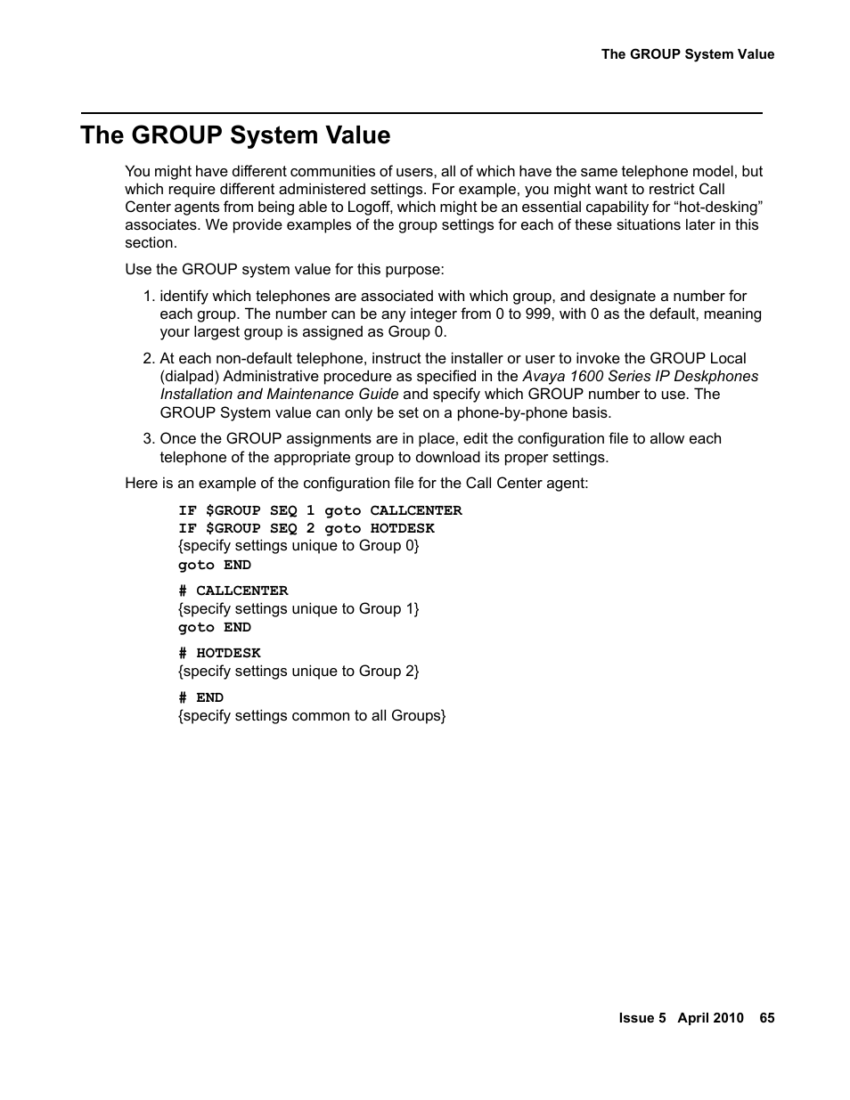 The group system value | Avaya 1600 Series User Manual | Page 65 / 142