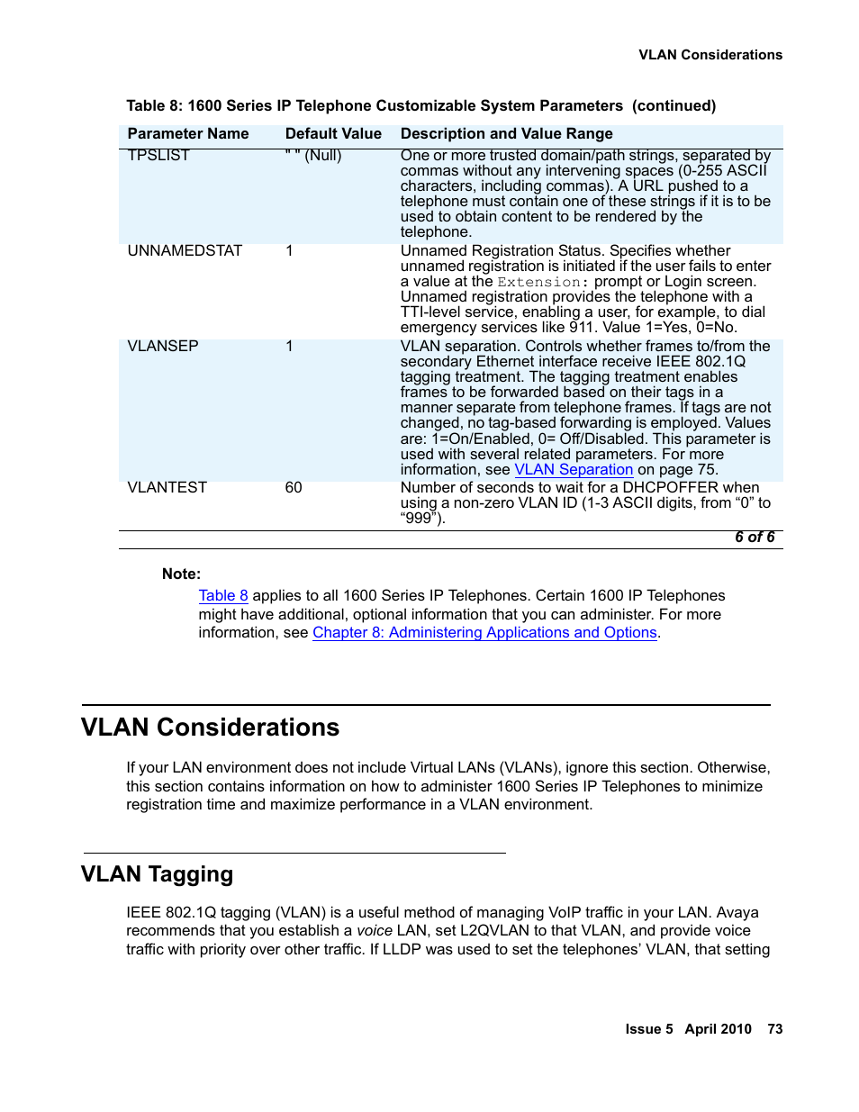 Vlan considerations, Vlan tagging | Avaya 1600 Series User Manual | Page 73 / 142