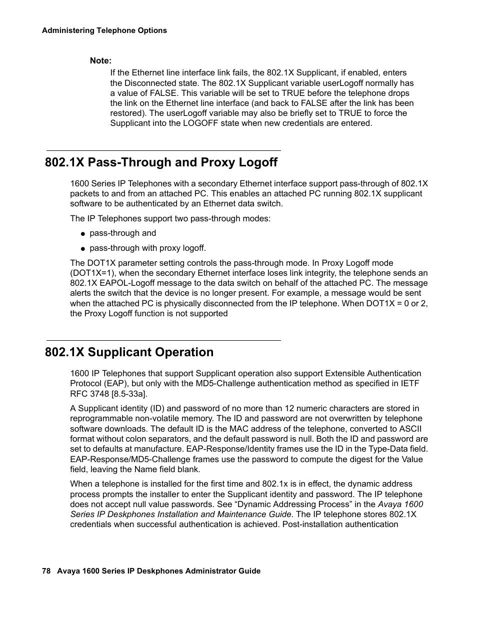 1x pass-through and proxy logoff, 1x supplicant operation | Avaya 1600 Series User Manual | Page 78 / 142