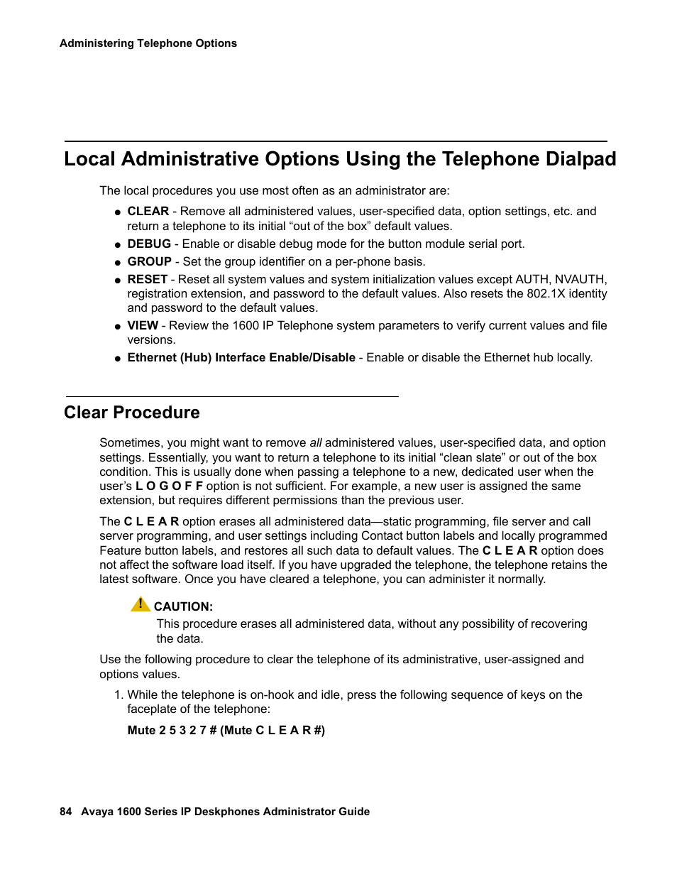 Clear procedure | Avaya 1600 Series User Manual | Page 84 / 142