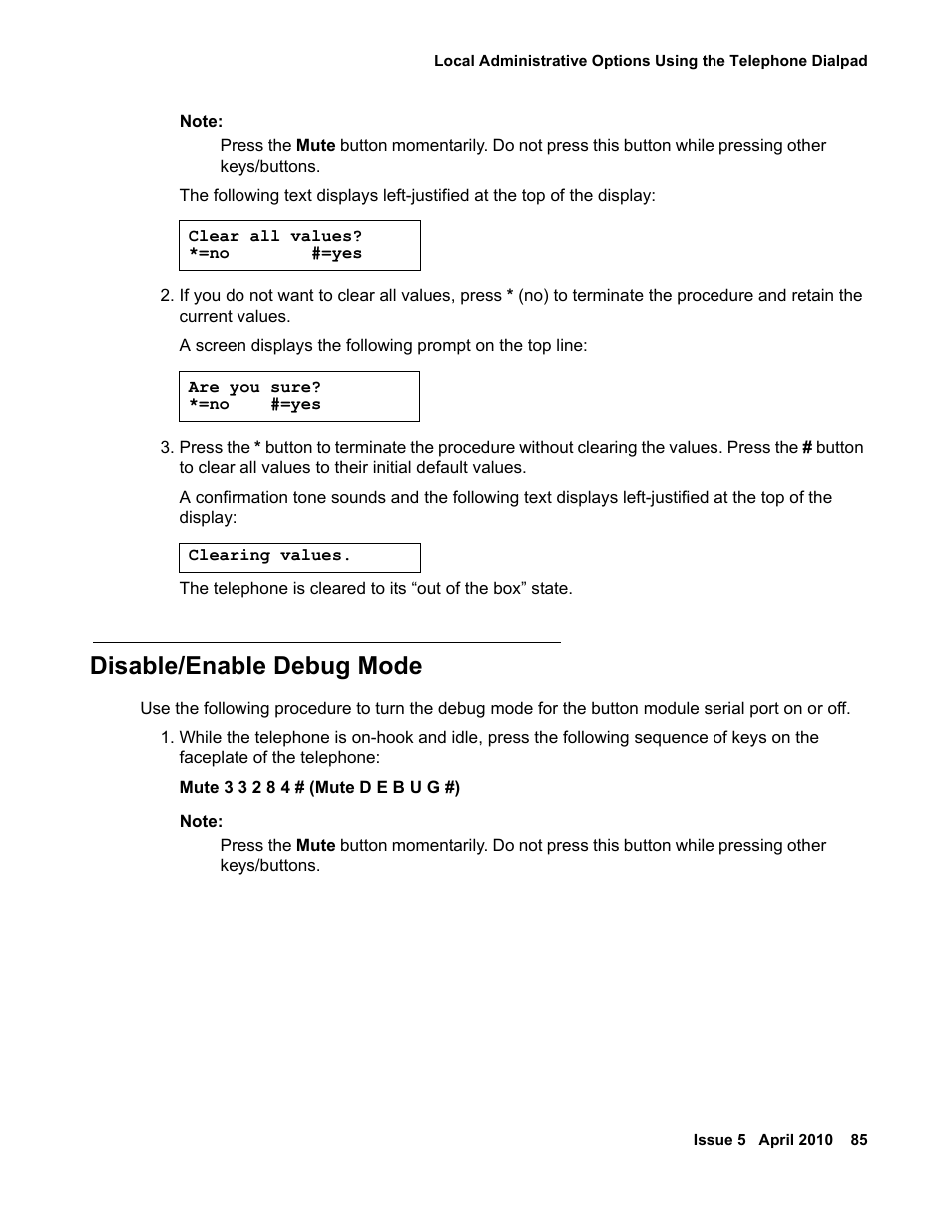 Disable/enable debug mode | Avaya 1600 Series User Manual | Page 85 / 142