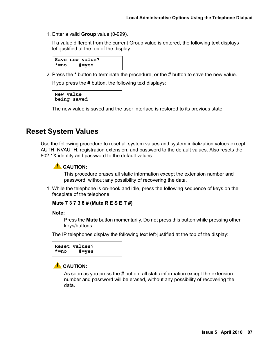 Reset system values | Avaya 1600 Series User Manual | Page 87 / 142