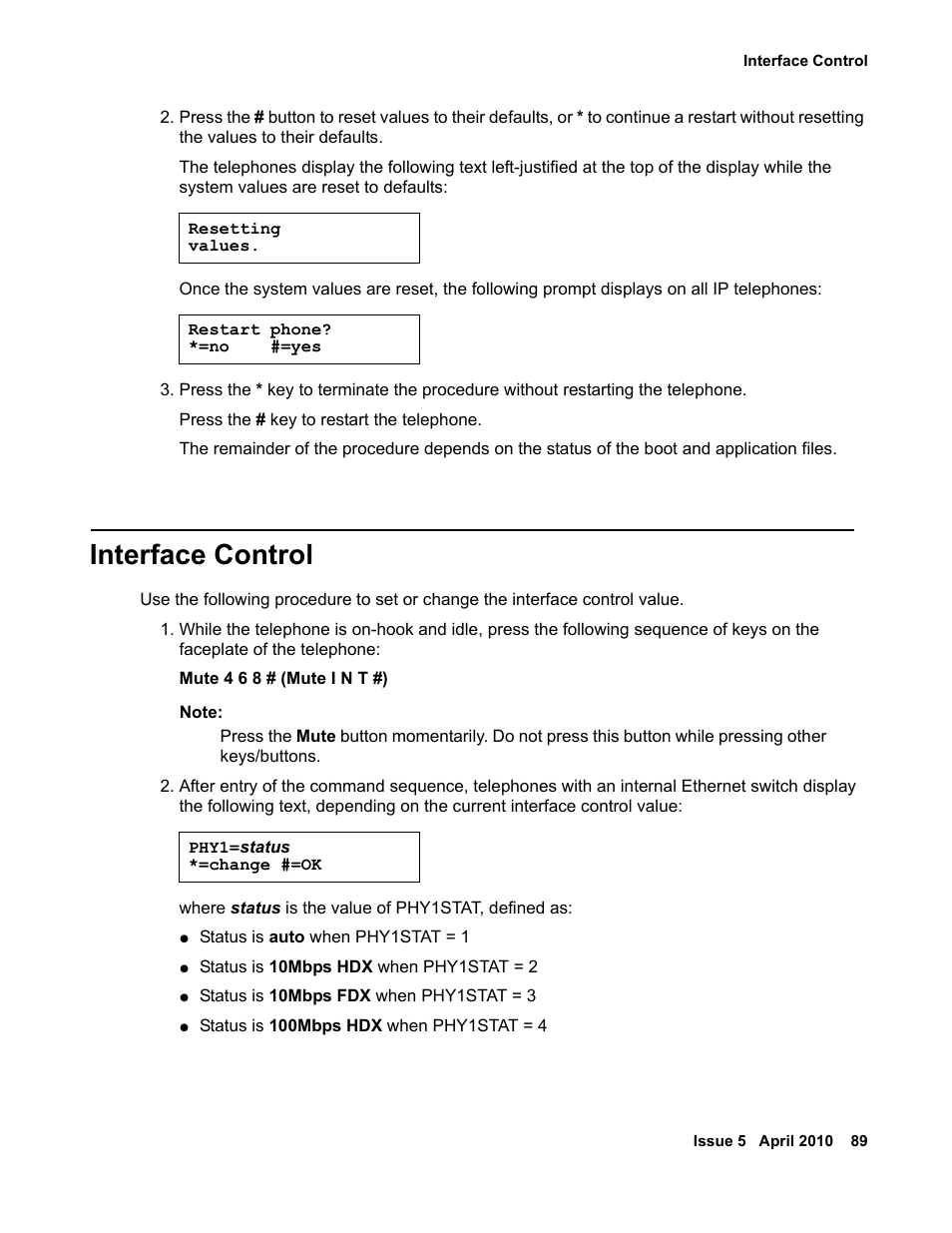 Interface control | Avaya 1600 Series User Manual | Page 89 / 142