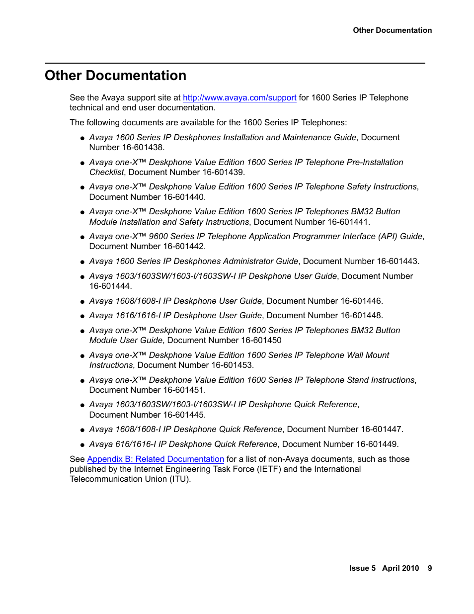 Other documentation | Avaya 1600 Series User Manual | Page 9 / 142