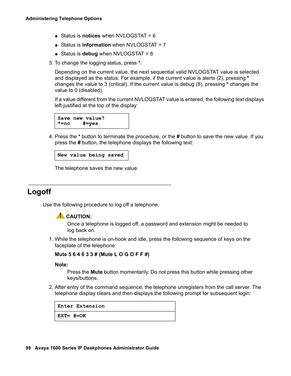 Logoff | Avaya 1600 Series User Manual | Page 98 / 142