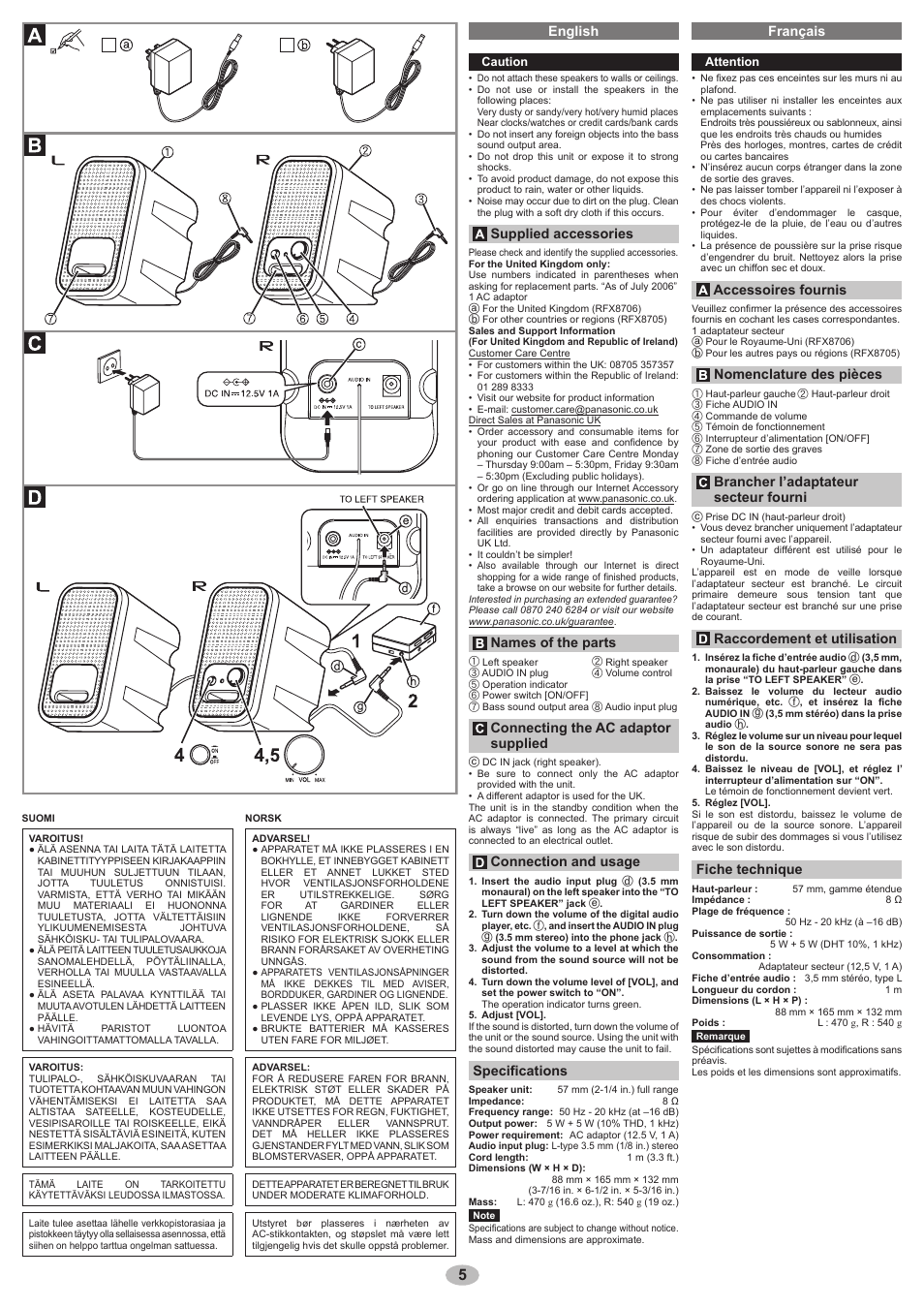 English, English français, Supplied accessories | Names of the parts, Connecting the ac adaptor supplied, Connection and usage, Specifications, Accessoires fournis, Nomenclature des pièces, Brancher l’adaptateur secteur fourni | Panasonic RPSP58 User Manual | Page 5 / 8