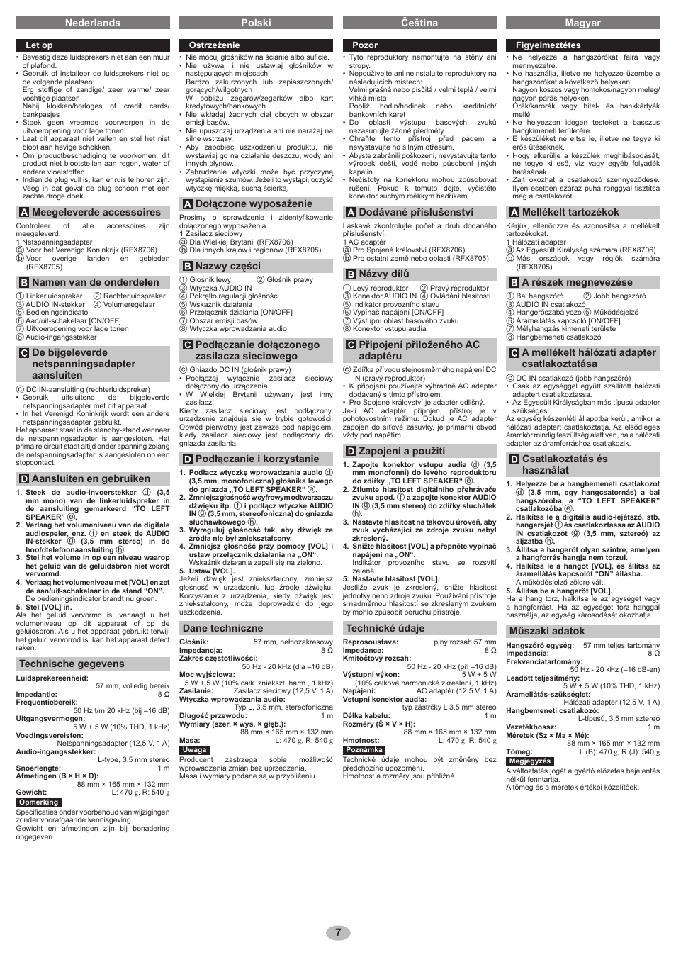 Nederlands polski čeština magyar, Meegeleverde accessoires, Namen van de onderdelen | De bijgeleverde netspanningsadapter aansluiten, Aansluiten en gebruiken, Technische gegevens, Dołączone wyposażenie, Nazwy części, Podłączanie dołączonego zasilacza sieciowego, Podłączanie i korzystanie | Panasonic RPSP58 User Manual | Page 7 / 8