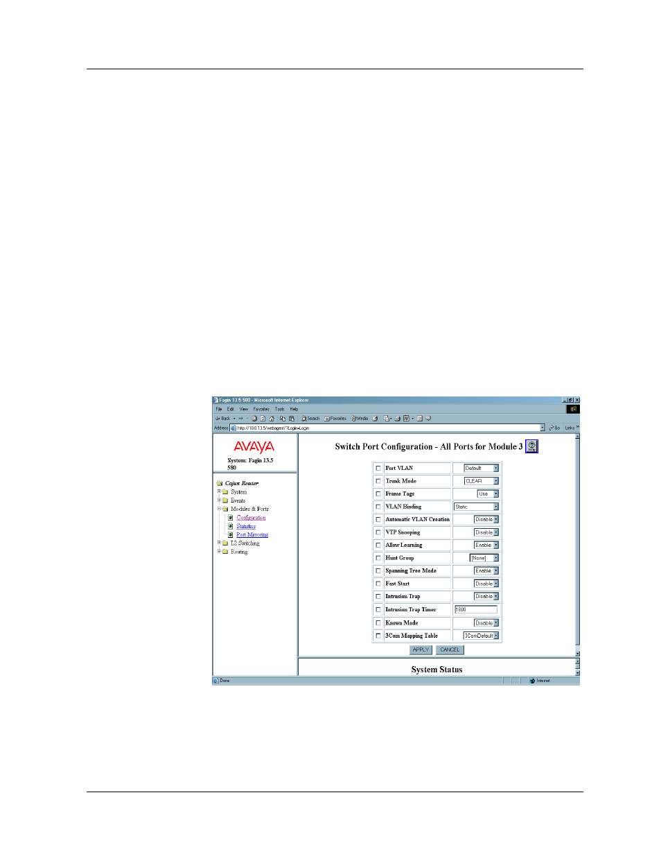 Using the all module ports configuration window | Avaya P580 User Manual | Page 216 / 760