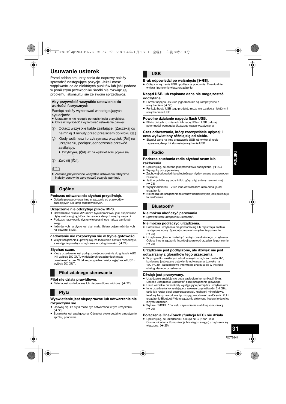 Usuwanie usterek | Panasonic SCHC39EC User Manual | Page 31 / 76