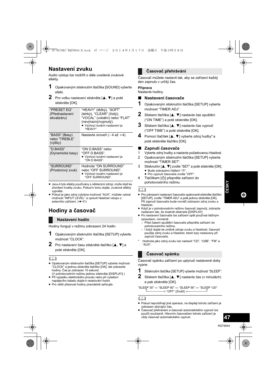 Nastavení zvuku, Hodiny a časovač | Panasonic SCHC39EC User Manual | Page 47 / 76