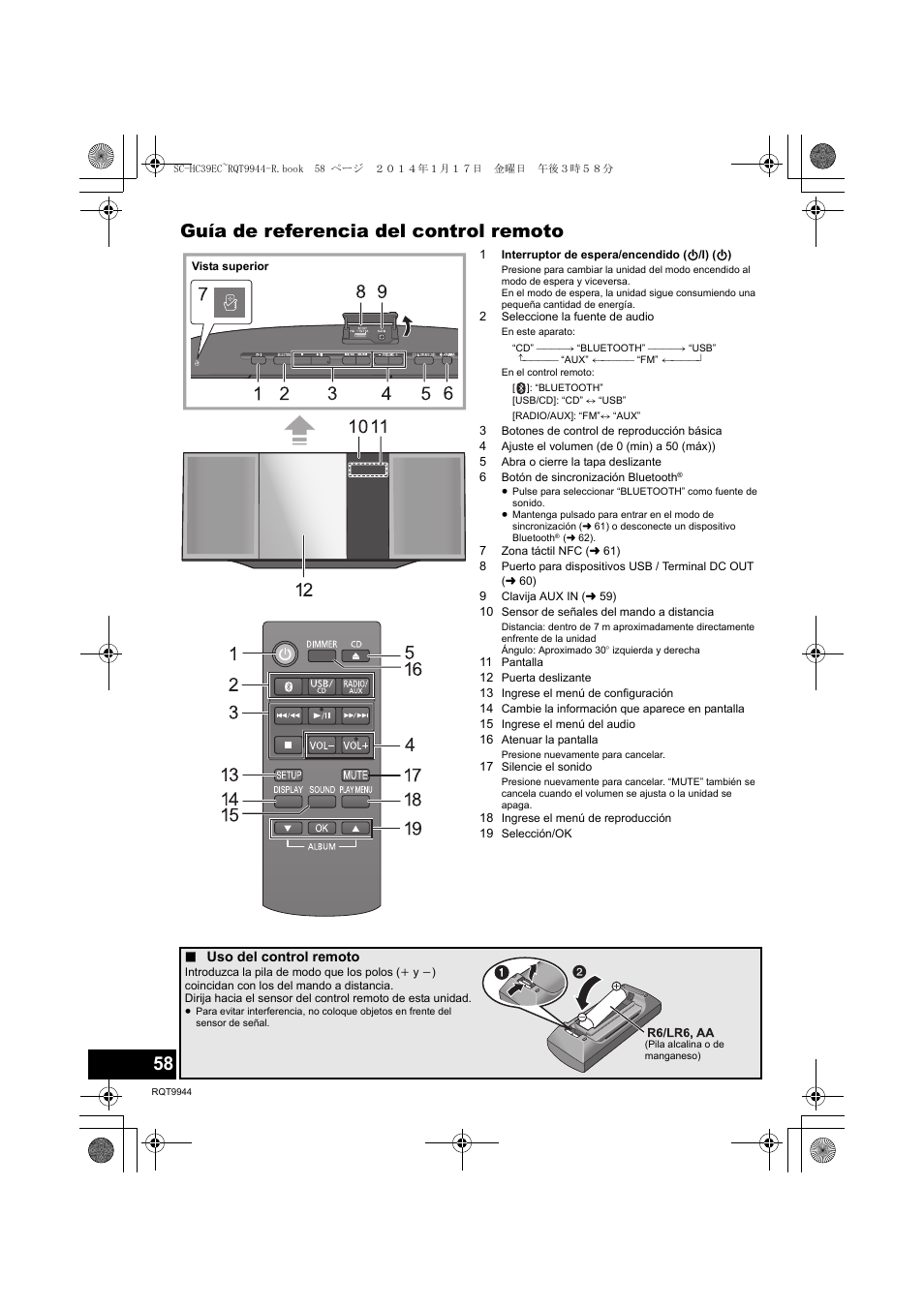 Guía de referencia del control remoto | Panasonic SCHC39EC User Manual | Page 58 / 76