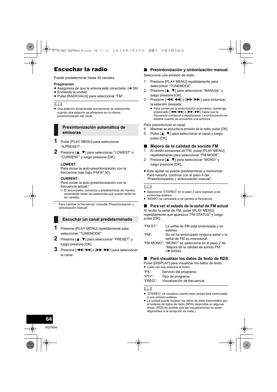 Escuchar la radio | Panasonic SCHC39EC User Manual | Page 64 / 76