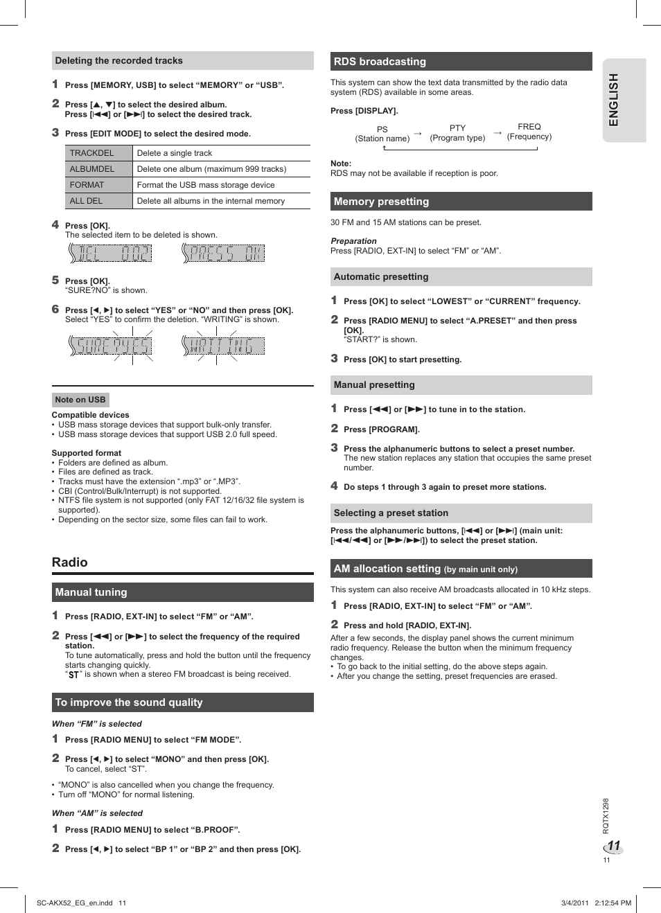 Radio, En g l is h engl ish | Panasonic SCAKX52EG User Manual | Page 11 / 44