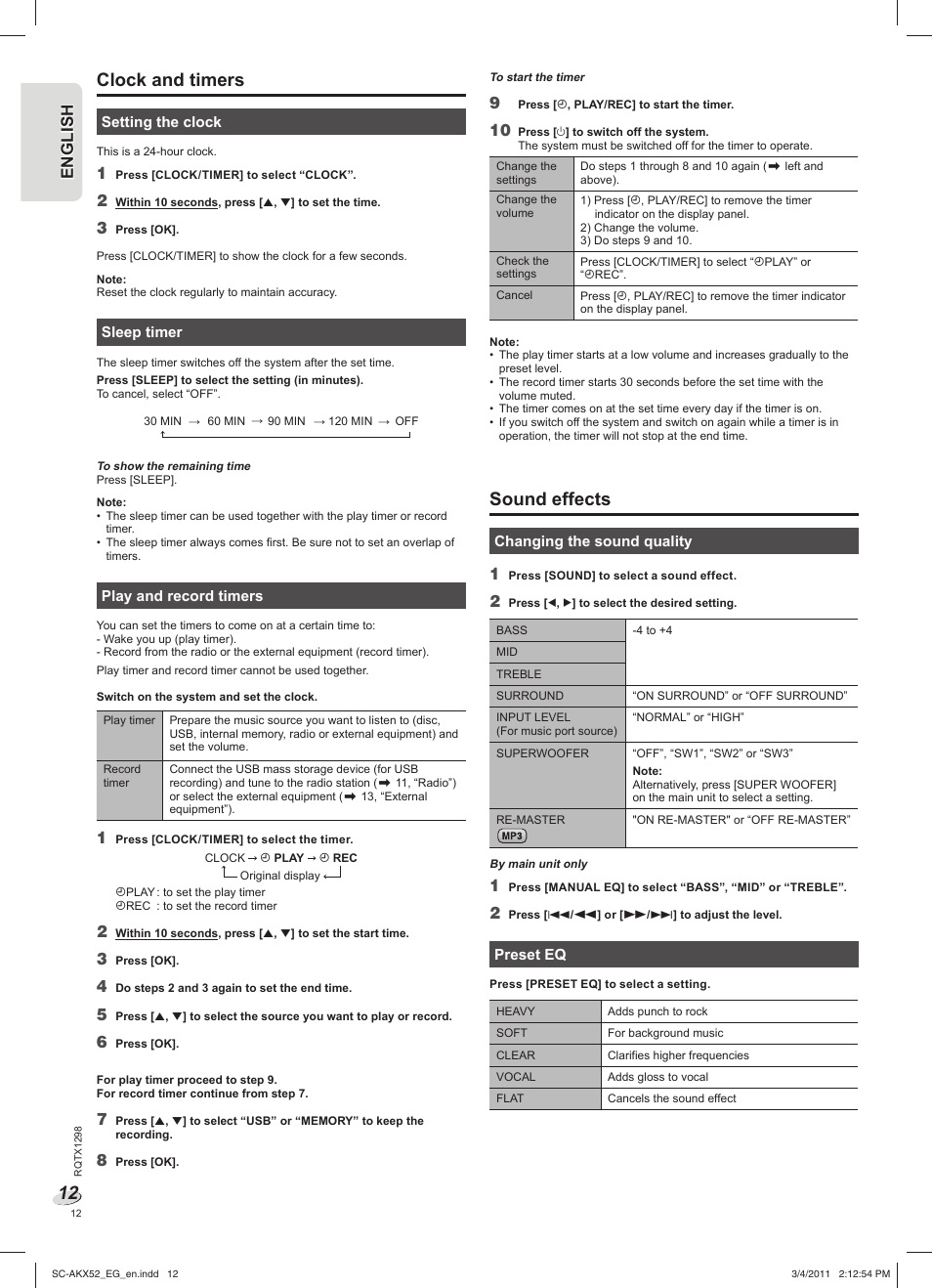 Clock and timers, Sound effects, En g l is h engl ish | Panasonic SCAKX52EG User Manual | Page 12 / 44