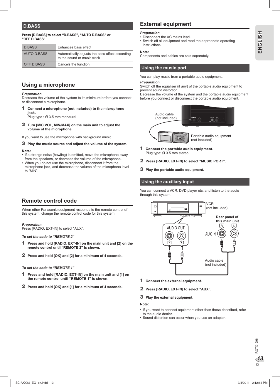 Using a microphone, Remote control code, External equipment | En g l is h engl ish | Panasonic SCAKX52EG User Manual | Page 13 / 44