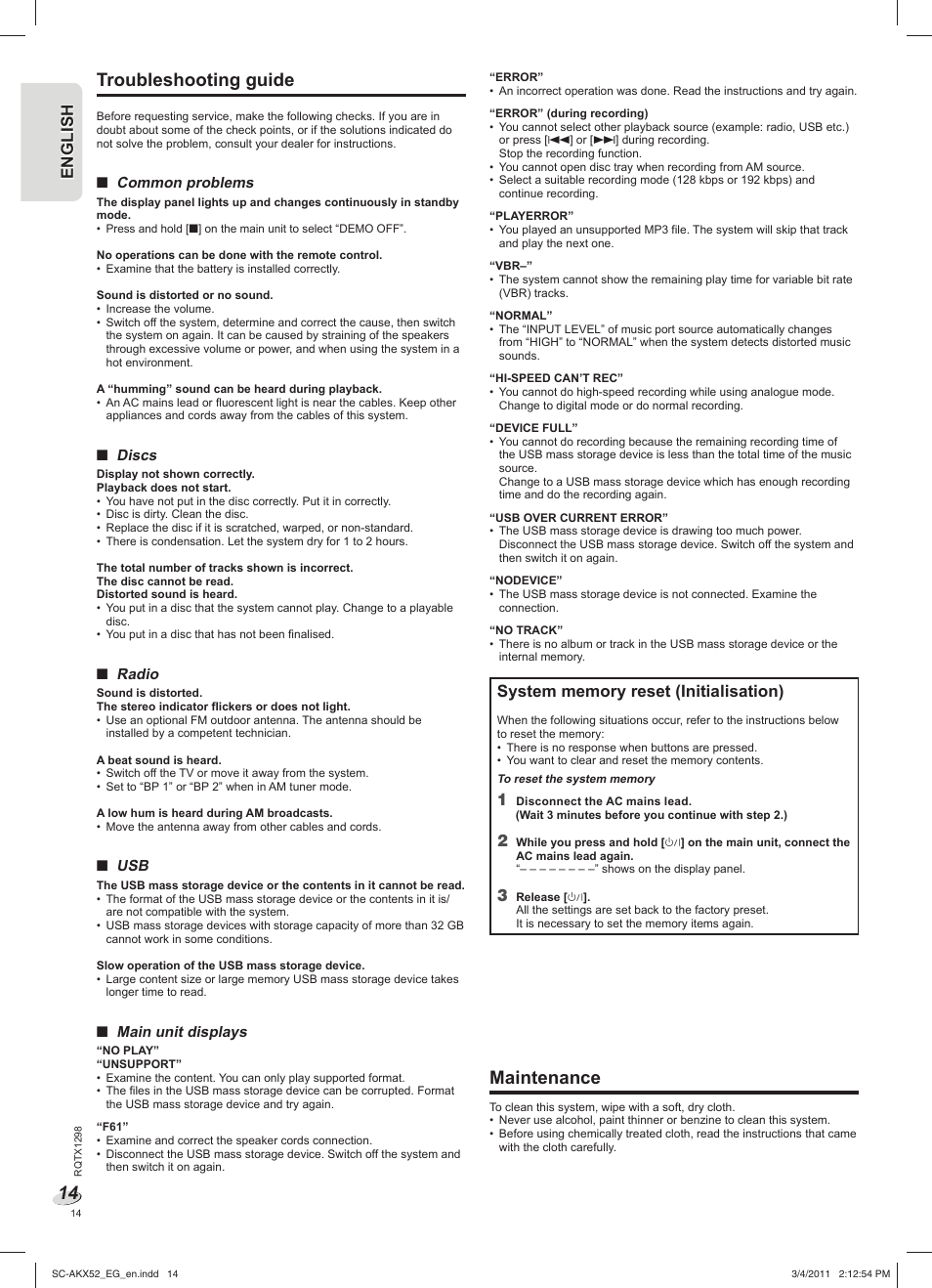 Troubleshooting guide, Maintenance, En g l is h engl ish | Panasonic SCAKX52EG User Manual | Page 14 / 44