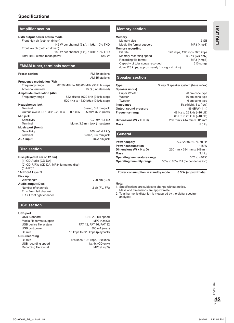 Specifications, En g l is h engl ish | Panasonic SCAKX52EG User Manual | Page 15 / 44