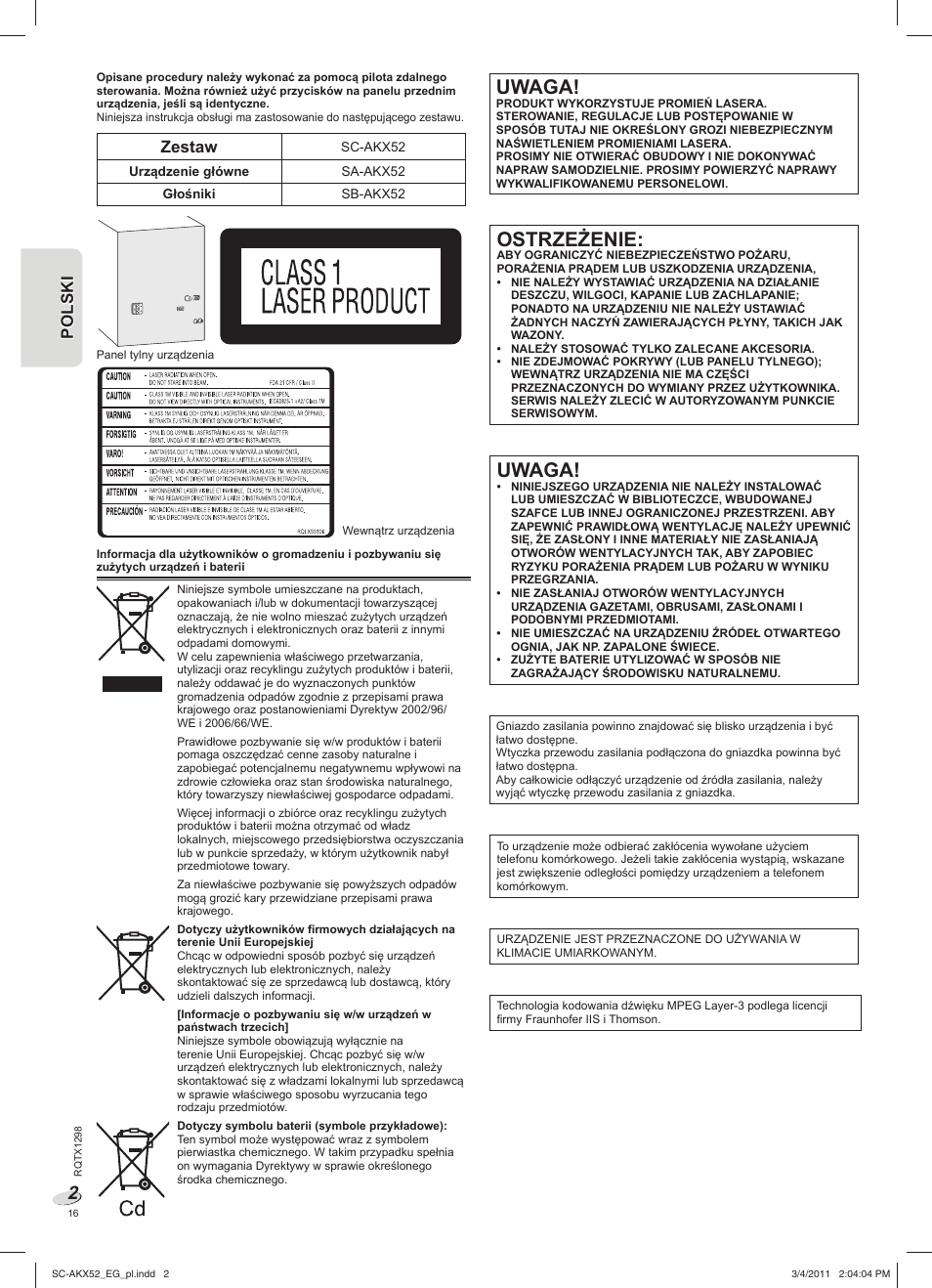 Sc-akx52_eg_pl, Uwaga, Ostrzeżenie | Zestaw | Panasonic SCAKX52EG User Manual | Page 16 / 44