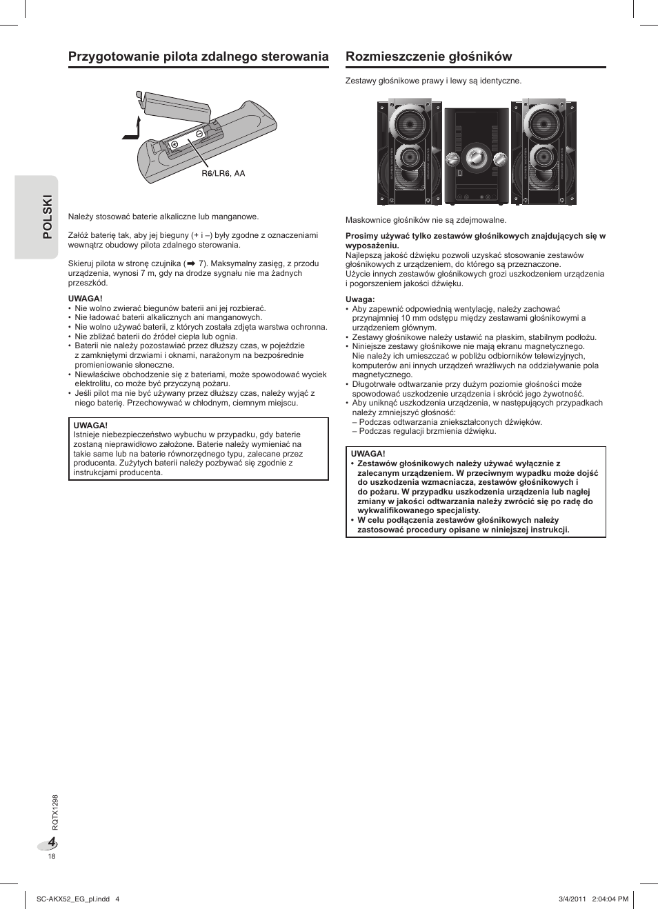 Przygotowanie pilota zdalnego sterowania, Rozmieszczenie głośników | Panasonic SCAKX52EG User Manual | Page 18 / 44