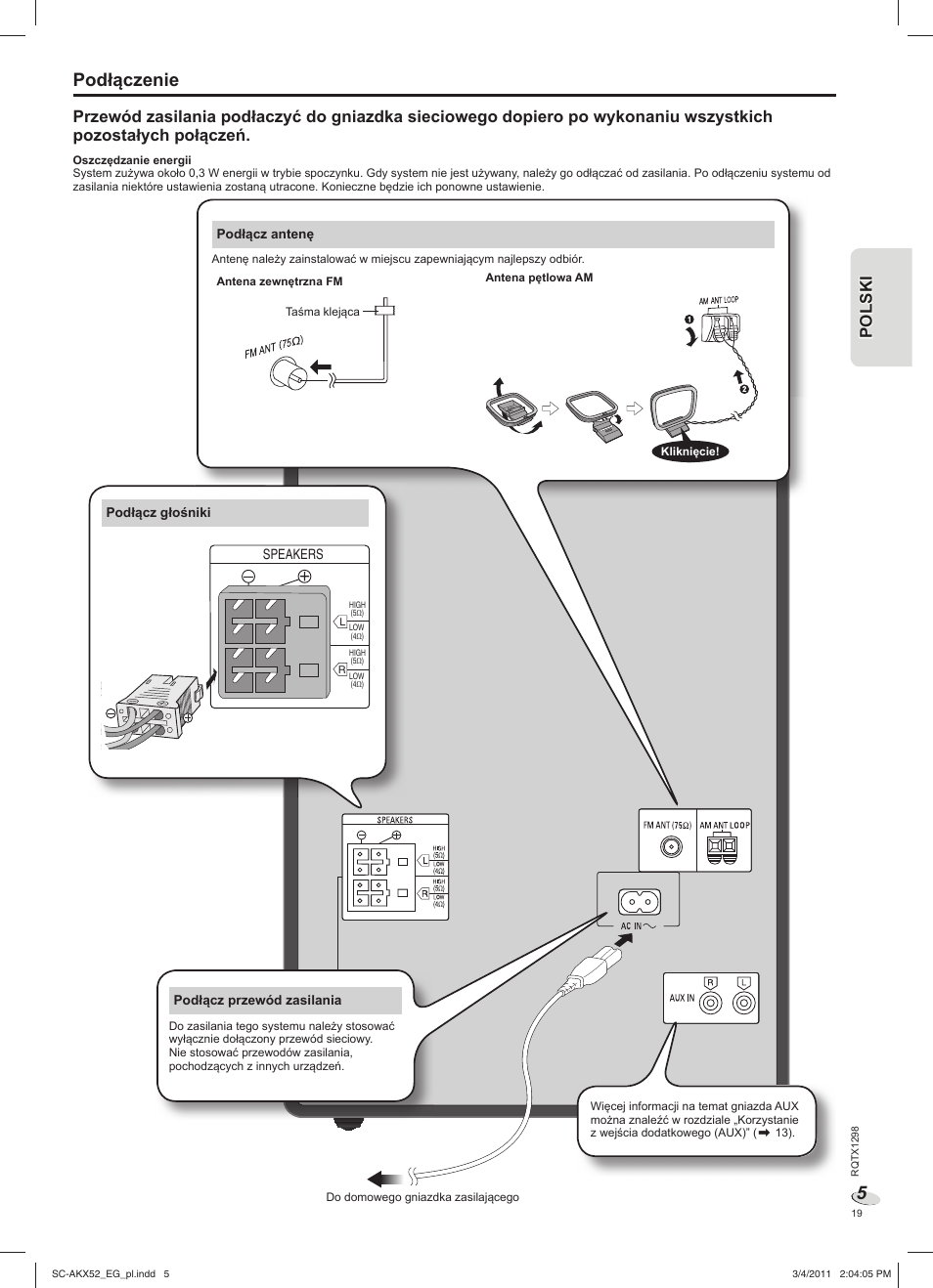 Podłączenie | Panasonic SCAKX52EG User Manual | Page 19 / 44