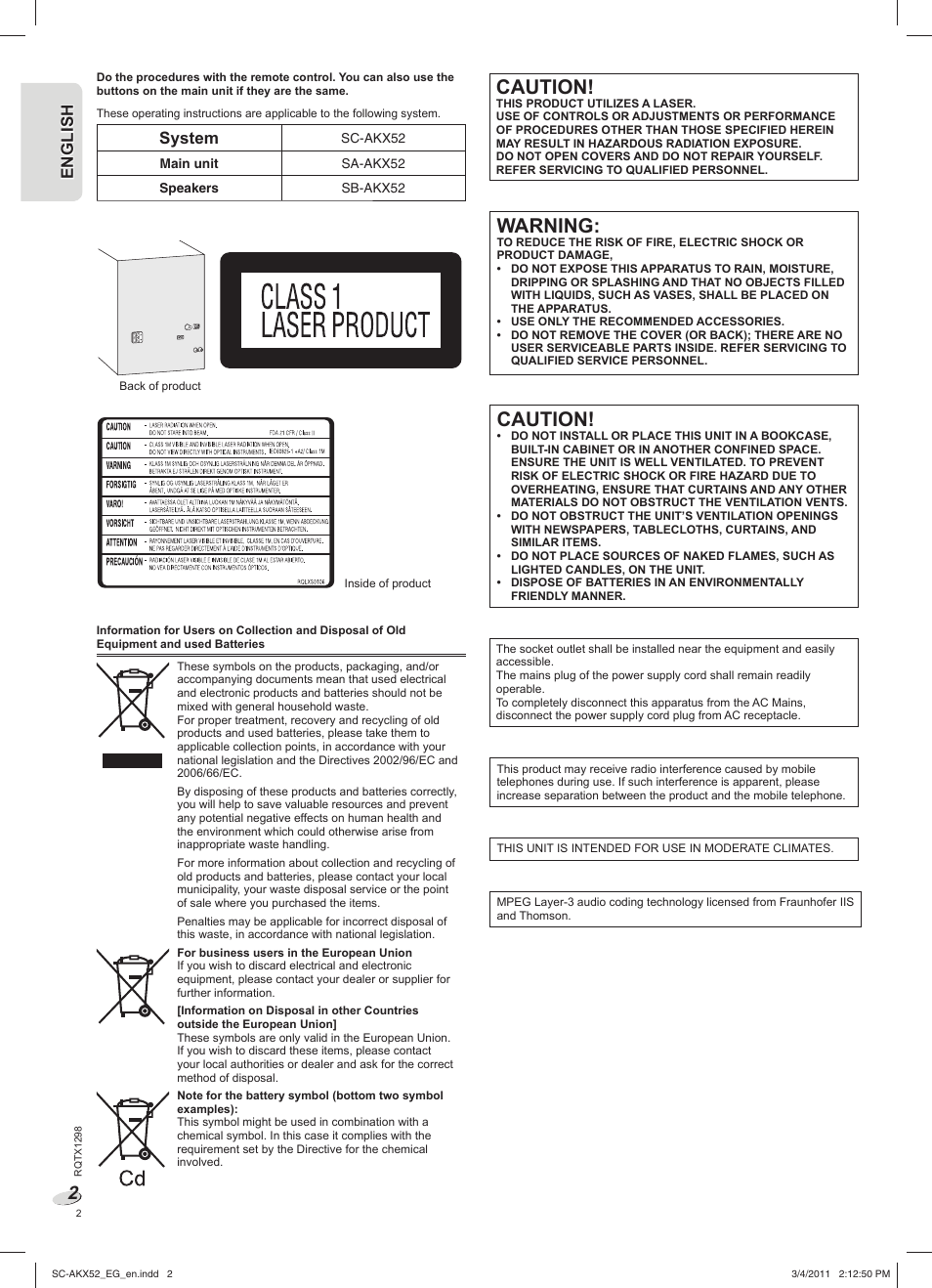 Caution, Warning, En g l is h engl ish | System | Panasonic SCAKX52EG User Manual | Page 2 / 44