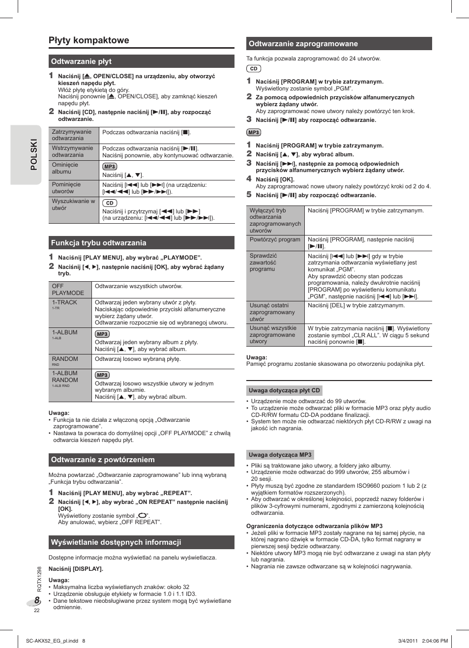 Płyty kompaktowe | Panasonic SCAKX52EG User Manual | Page 22 / 44