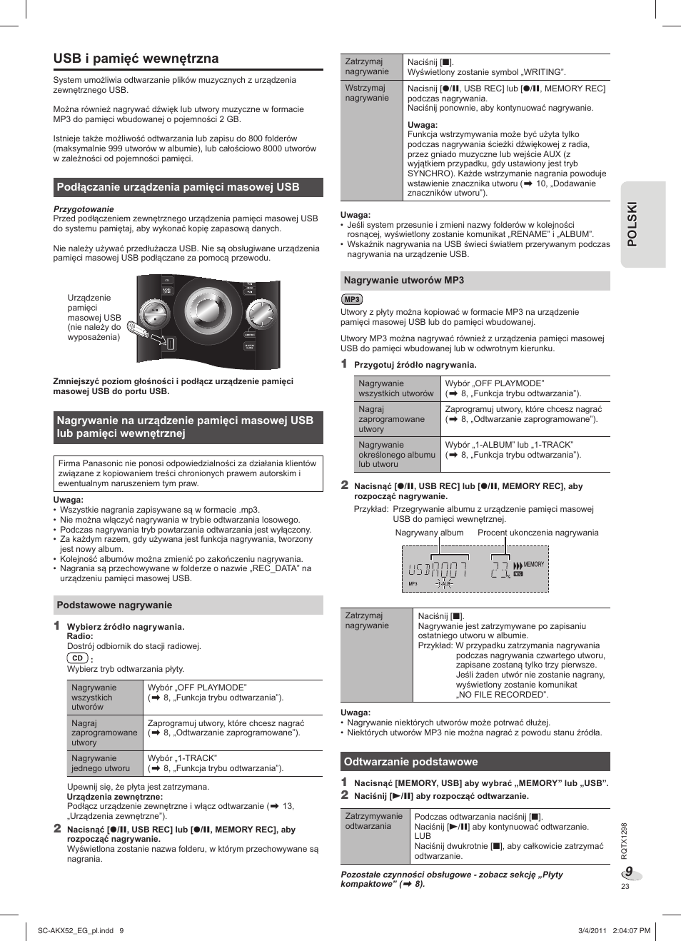 Usb i pamięć wewnętrzna | Panasonic SCAKX52EG User Manual | Page 23 / 44