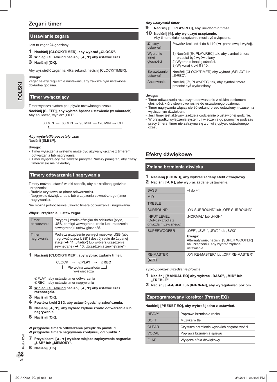 Zegar i timer, Efekty dźwiękowe | Panasonic SCAKX52EG User Manual | Page 26 / 44