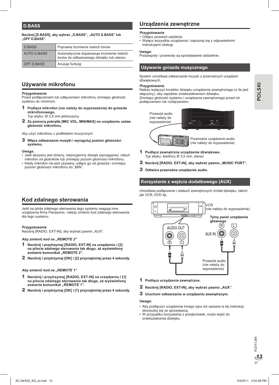 Używanie mikrofonu, Kod zdalnego sterowania, Urządzenia zewnętrzne | Panasonic SCAKX52EG User Manual | Page 27 / 44