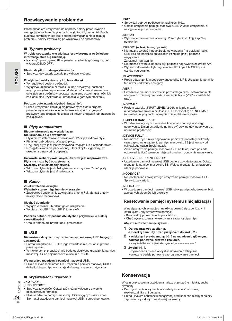 Rozwiązywanie problemów, Konserwacja, Resetowanie pamięci systemu (inicjalizacja) | Panasonic SCAKX52EG User Manual | Page 28 / 44