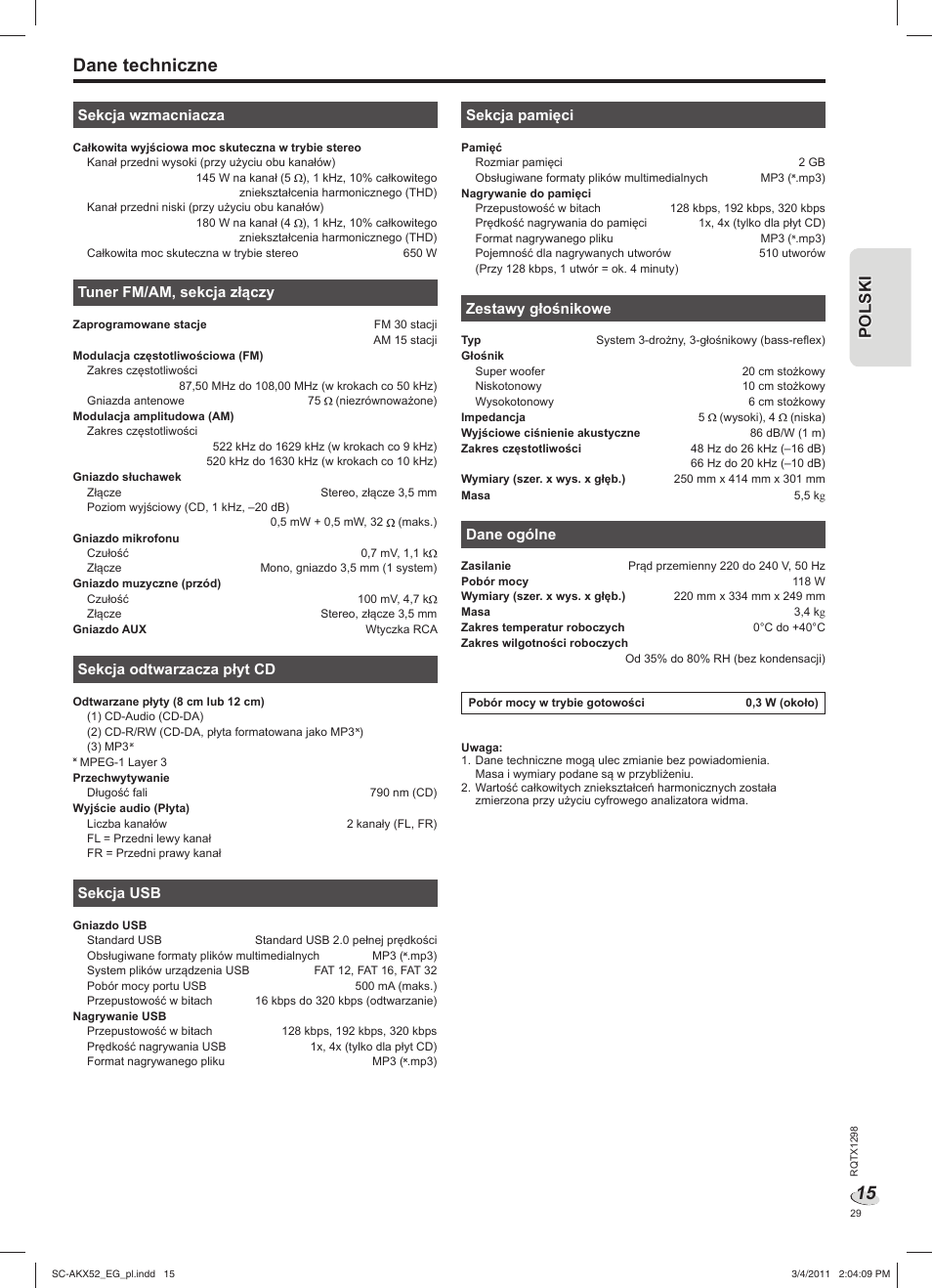 Dane techniczne | Panasonic SCAKX52EG User Manual | Page 29 / 44