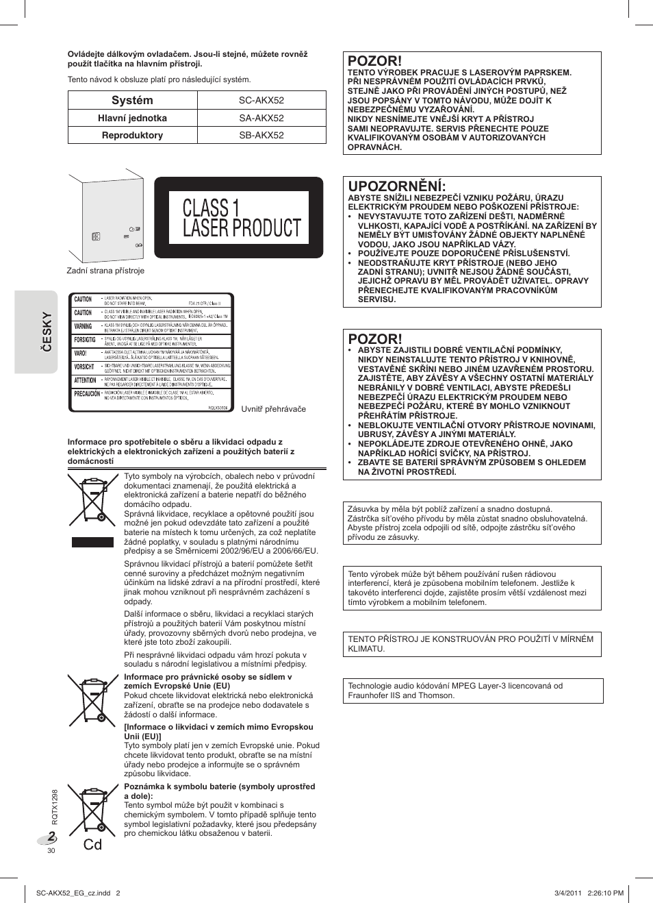 Sc-akx52_eg_cz, Pozor, Upozornění | Systém | Panasonic SCAKX52EG User Manual | Page 30 / 44