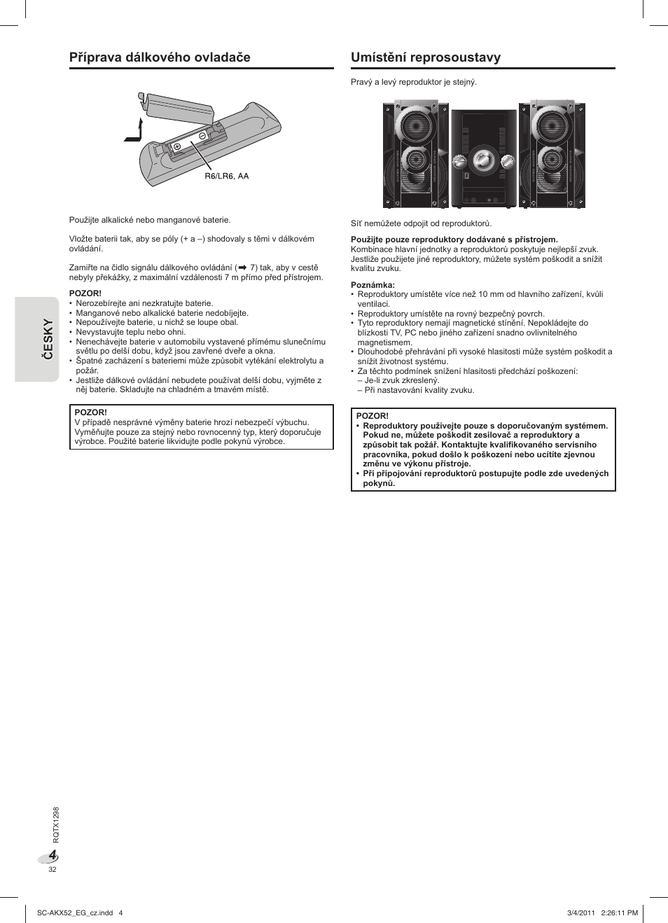 Příprava dálkového ovladače, Umístění reprosoustavy | Panasonic SCAKX52EG User Manual | Page 32 / 44