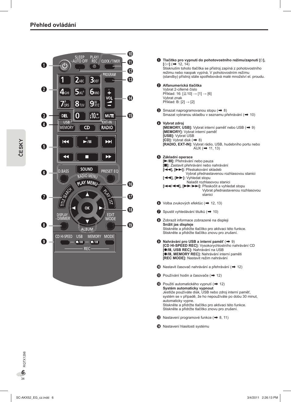 Přehled ovládání | Panasonic SCAKX52EG User Manual | Page 34 / 44