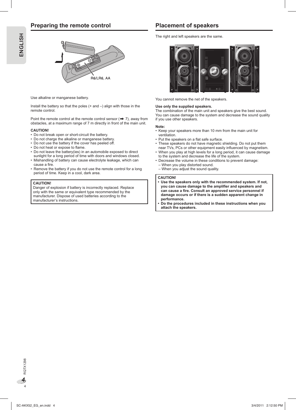 Preparing the remote control, Placement of speakers, En g l is h engl ish | Panasonic SCAKX52EG User Manual | Page 4 / 44