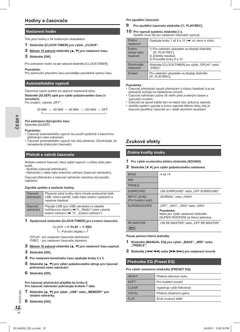 Hodiny a časovače, Zvukové efekty | Panasonic SCAKX52EG User Manual | Page 40 / 44