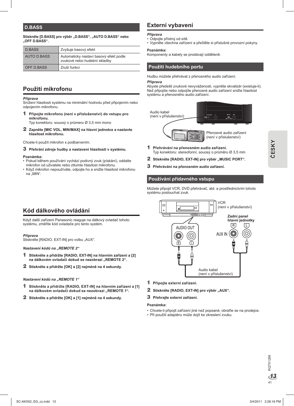 Použití mikrofonu, Kód dálkového ovládání, Externí vybavení | Panasonic SCAKX52EG User Manual | Page 41 / 44