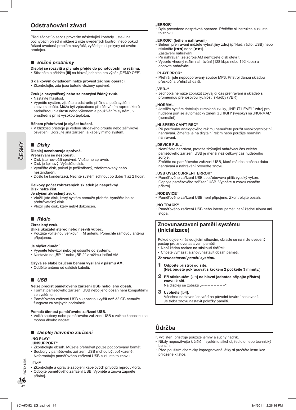 Odstraňování závad, Údržba, Znovunastavení paměti systému (inicializace) | Panasonic SCAKX52EG User Manual | Page 42 / 44