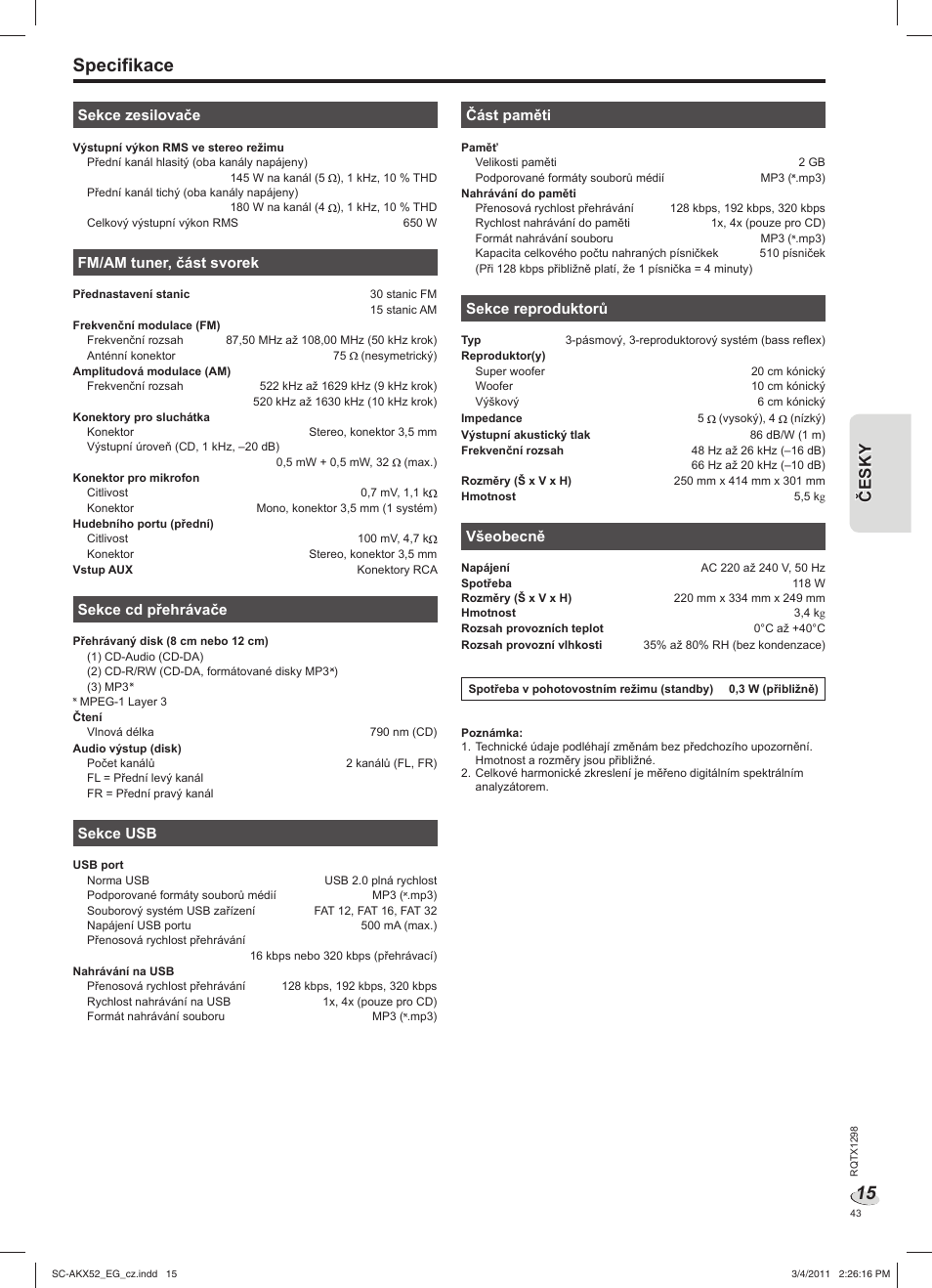 Specifikace | Panasonic SCAKX52EG User Manual | Page 43 / 44