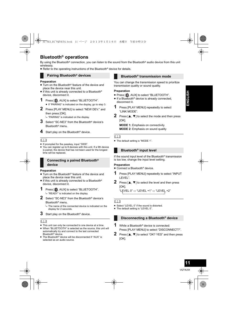 Bluetooth, Operations | Panasonic SCNE3EG User Manual | Page 11 / 60