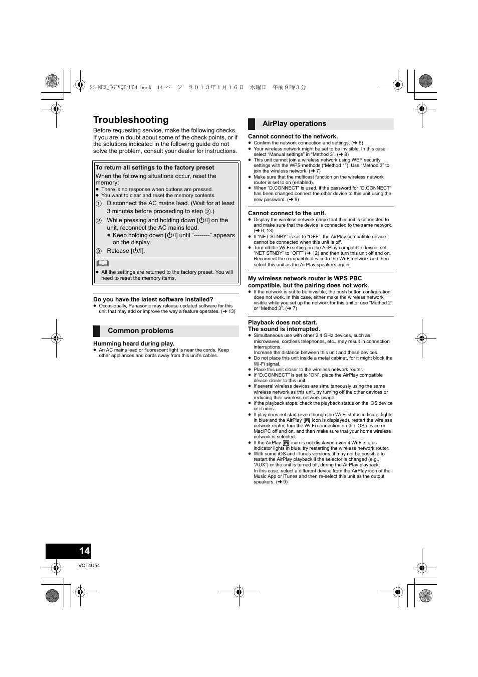 Troubleshooting, Common problems airplay operations | Panasonic SCNE3EG User Manual | Page 14 / 60