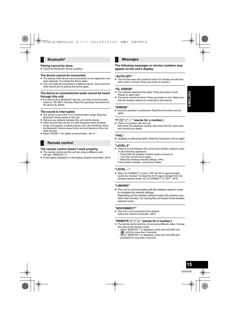 English, Bluetooth, Remote control messages | Panasonic SCNE3EG User Manual | Page 15 / 60