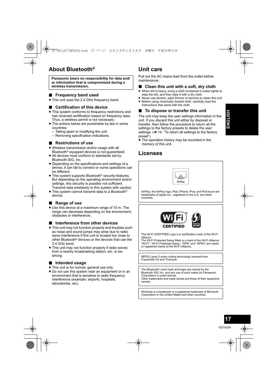 About bluetooth, Unit care, Licenses | Panasonic SCNE3EG User Manual | Page 17 / 60