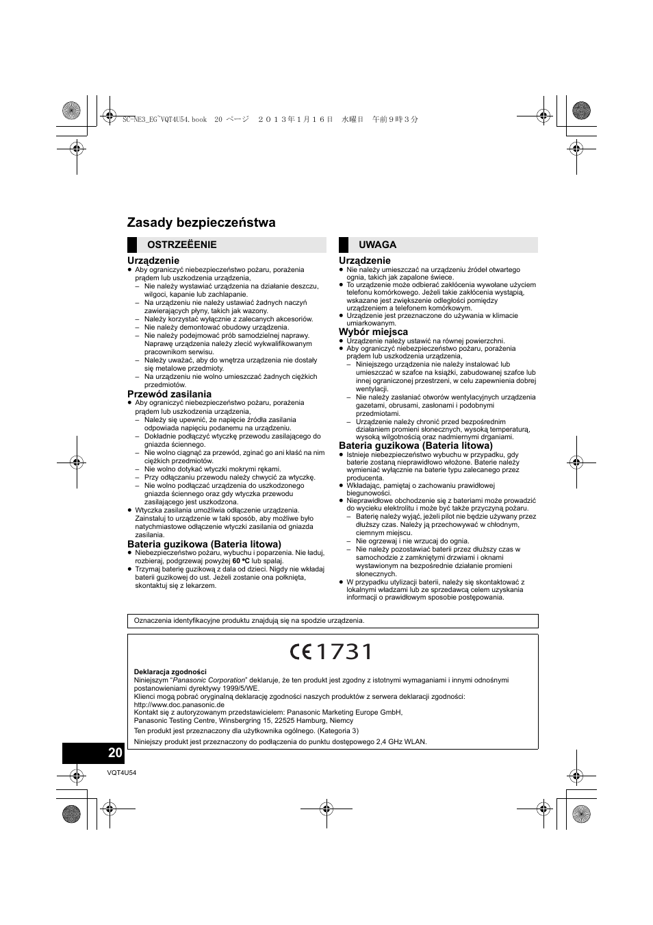 Zasady bezpieczeństwa | Panasonic SCNE3EG User Manual | Page 20 / 60