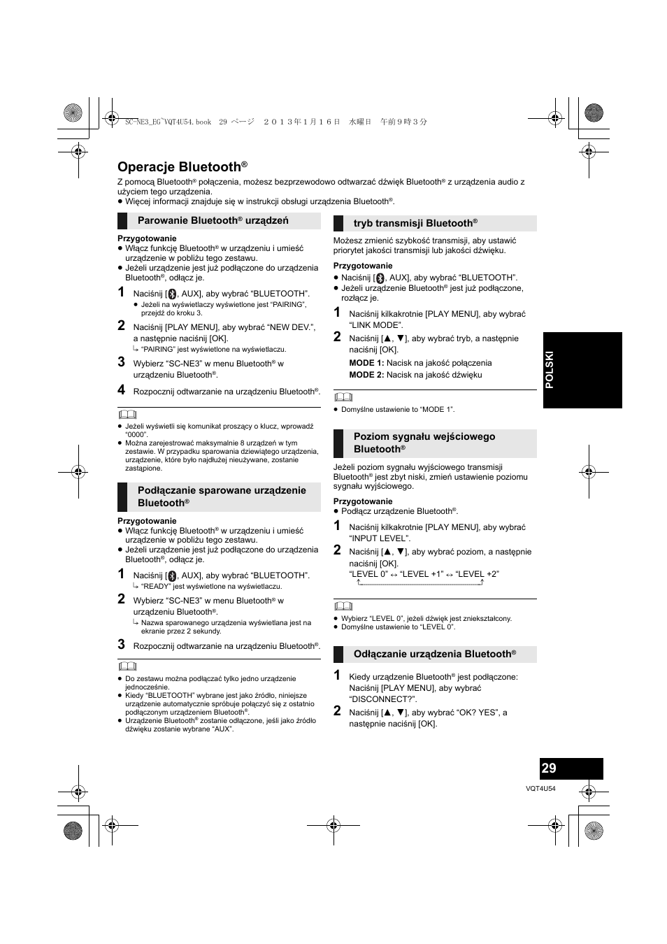 Operacje bluetooth | Panasonic SCNE3EG User Manual | Page 29 / 60