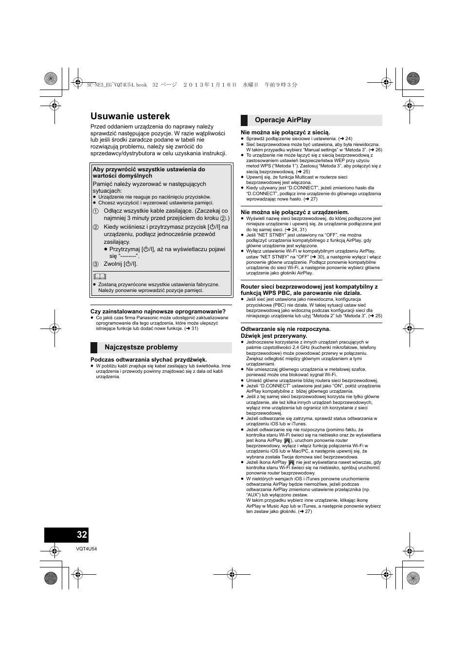 Usuwanie usterek, Najczęstsze problemy operacje airplay | Panasonic SCNE3EG User Manual | Page 32 / 60